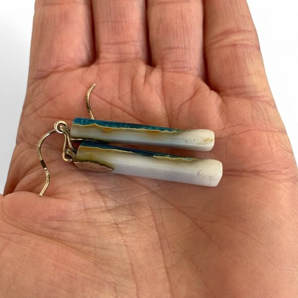 Handcrafted Phoenix Stone Rectangular Drop Earrings Blue Green Silver Hooks - Picture 7 of 14